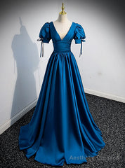 Blue Satin V-neck Short Sleeve Pleats Prom Dress