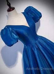 Blue Satin V-Neckline Short Sleeves Long Formal Dresses, Blue Satin Evening Prom Dresses