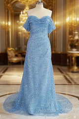 Blue Sequins Off Shoulder Sweep Train Party Dresses, Blue Sweetheart Long Formal Dresses