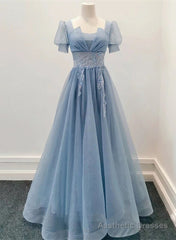Blue Shiny Tulle Short Sleeves Long Formal Dress, Blue A-line Prom Dress