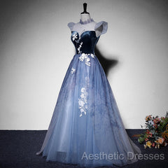 Blue Short Sleeves Tulle With Lace Long Party Dresses, Blue Formal Gowns