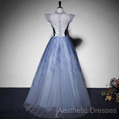 Blue Short Sleeves Tulle With Lace Long Party Dresses, Blue Formal Gowns