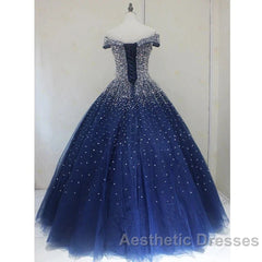 Blue Sparkle Off Shoulder Ball Party Dresses Handmade Beaded Party Dresses Elegant Evening Prom Dresses Evening Dresses