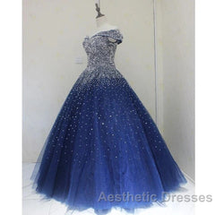 Blue Sparkle Off Shoulder Ball Party Dresses Handmade Beaded Party Dresses Elegant Evening Prom Dresses Evening Dresses