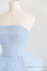 Blue Strapless Tulle Layers Long Prom Dress, A-Line Evening Dress