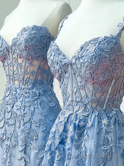 Blue Sweetheart Neck Lace Long Prom Dresses, Blue Lace Graduation Dress