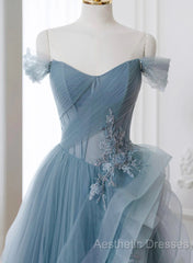 Blue Sweetheart Tulle Layers Long Formal Dresses, Blue Long Party Dresses Evening Prom Dresses