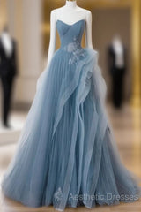 Blue Sweetheart Tulle Layers Long Formal Dresses, Blue Long Party Dresses Evening Prom Dresses