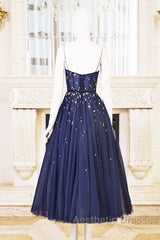 Blue Tea Length Tulle Evening Prom Dresses, Blue Tulle Bridesmaid Dresses