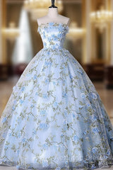 Blue Tulle 3 D Applique Long Evening Prom Dresses, Blue Formal Evening Dresses