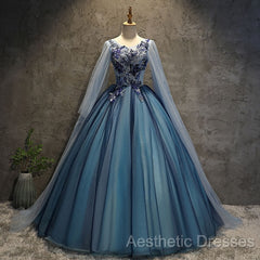 Blue Tulle Ball Gown Long Sweet 16 Dresses With Lace Applique, Evening Prom Dresses