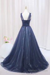 Blue Tulle Beaded Long Prom Dress, Blue A-Line Evening Party Dress