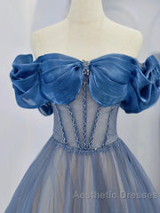 Blue Tulle Beaded Long Evening Prom Dresses, Off The Shoulder Evening Party Dresses