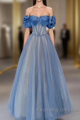 Blue Tulle Beaded Long Evening Prom Dresses, Off The Shoulder Evening Party Dresses