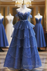 Blue Tulle Beaded Long Senior Evening Prom Dresses, A-Line Layers Beaded Long Evening Party Dresses