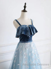 Blue tulle lace long Evening Prom Dresses, blue tulle formal Dresses