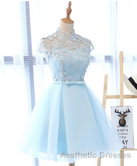 Blue tulle lace short Evening Prom Dresses, blue tulle lace homecoming Dresses