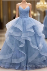 Blue Tulle Layers Long Party Dresses Evening Prom Dresses, Beautiful Sweet 16 Dresses