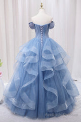 Blue Tulle Layers Long Prom Gown, A-Line Blue Evening Dress