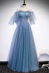Blue Tulle Long A-Line Prom Dress, Off the Shoulder Evening Party Dress