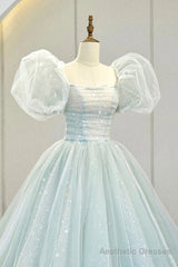 Blue Tulle Long A-Line Prom Dress with Sequins, Lovely Puff Sleeve Evening Gown
