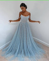 Blue tulle long Evening Prom Dresses, blue tulle evening Dresses