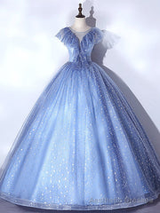 Blue Tulle Sequins Illusion V-neck Quinceanera Dress