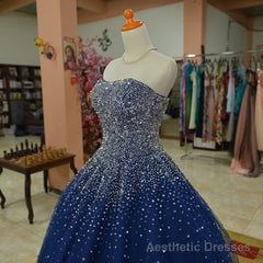 Blue Tulle Sequins Long Ball Gown Formal Dress, Sparkle Blue Quinceanera Dress