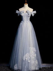 Blue Tulle Sequins Off the Shoulder Bow Pearls Prom Dress