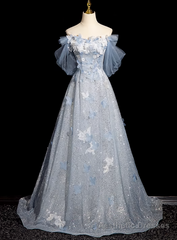 Blue Tulle Sequins Off the Shoulder Lace Flower Prom Dress