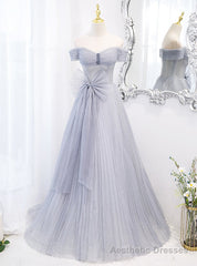 Blue Tulle Sequins Pleats Bow Prom Dress