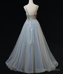 Blue Tulle with Flowers Straps Long Evening Dress, Blue Prom Party Dresses