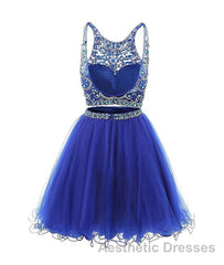 Blue two pieces tulle sequin beads short Evening Prom Dresses, blue homecoming