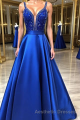 Blue v neck beads satin long Evening Prom Dresses, blue evening Dresses