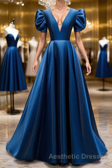 Blue v neck satin long Evening Prom Dresses blue satin evening Dresses