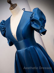 Blue v neck satin long Evening Prom Dresses blue satin evening Dresses