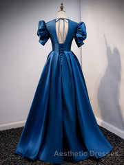 Blue v neck satin long Evening Prom Dresses blue satin evening Dresses