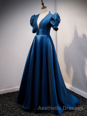 Blue v neck satin long Evening Prom Dresses blue satin evening Dresses