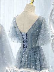 Blue v neck tulle beads long Evening Prom Dresses, blue tulle formal Dresses