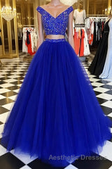 Blue v neck tulle beads two pieces long Evening Prom Dresses, blue evening Dresses