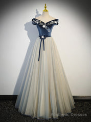 Blue Velvet Off the Shoulder Beading Prom Dress