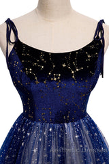 Blue Velvet Tulle Long Evening Prom Dresses, Beautiful A-Line Evening Party Dresses