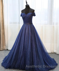 Dark Blue Shining Tulle Long Evening Prom Dresses, Evening Prom Dresses