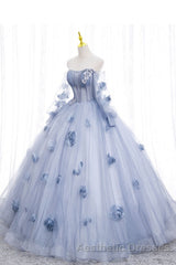 Blue Long Sleeves Tulle Evening Prom Dresses with Flowers, Puffy Off the Shoulder Quinceanera Dresses