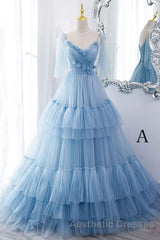 A Line V Neck New Style Tiered Long Tulle Evening Prom Dresses, Evening Prom Gown with Flower