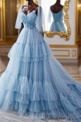 A Line V Neck New Style Tiered Long Tulle Evening Prom Dresses, Evening Prom Gown with Flower