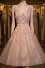 Blush Pink Lace Appliqued Tulle Homecoming Dresses,Formal Dresses