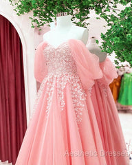 Blush Tulle A-Line Off Shoulder Appliques Dresses