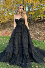 Blushing Pink Tulle Ruffle Layers Lace-Up Back A-Line Evening Prom Dresses