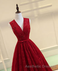 Burgundy V Neck Lace Long Evening Prom Dresses, Burgundy Evening Prom Dresses